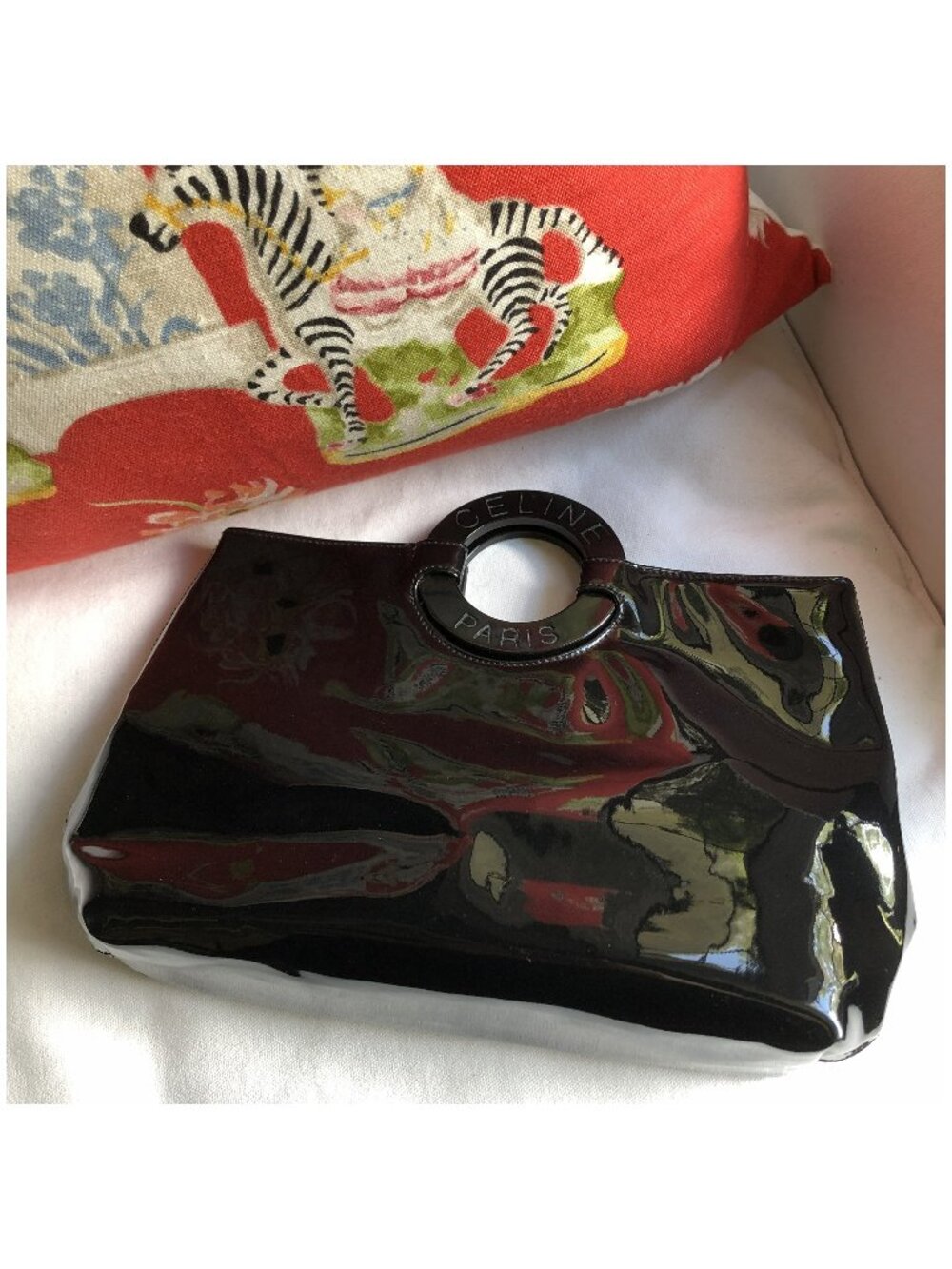 CELINE Black Patent Leather Circle Handbag Clutch Tote